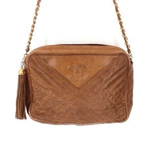 CHANEL Leather Camera Case Shoulder Bag Quilted Fringe CC Logo Tassel Pull Brown